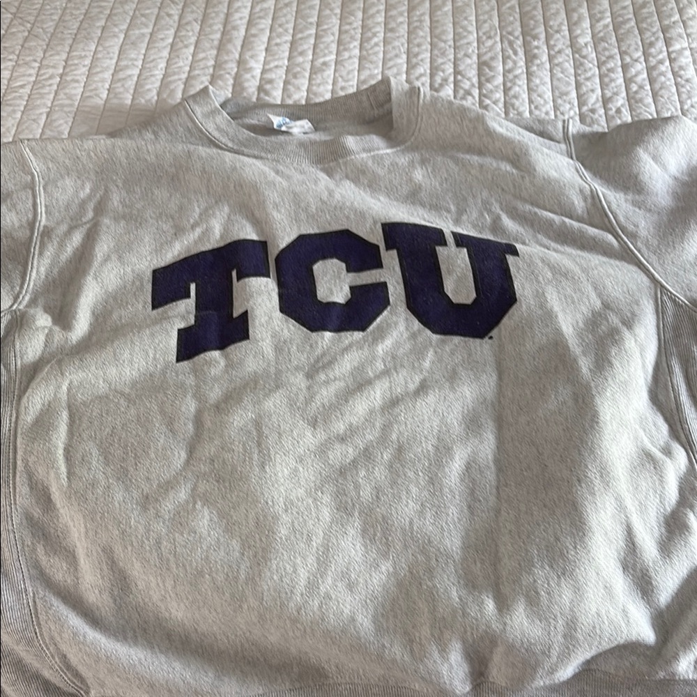 Champion TCU light Gray Sweatshirt with purple Letters